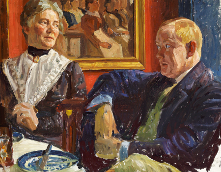 Mrs Peter Hansen talking to the sculptor Kai Nielsen., Kai Nielsen