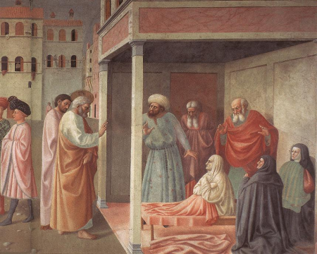 Healing of the Cripple and Raising of Tabatha (right view), Masolino da Panicale, between 1426 and 1427