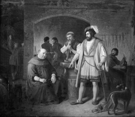 Jens Holgersen Ulfstand cures the abbot of Bækkeskov of his obesity by forcing him to work in his forge, Johan Peter Raadsig, 1845
