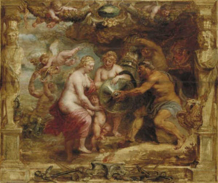 Thetis receiving the arms of Achilles from Vulcanus., Peter Paul Rubens, between 1630 and 1635