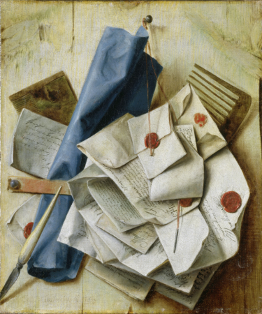 Trompe l'oeil, a quodlibet with letters and a roll of blue paper, Cornelis Norbertus Gijsbrechts, 1675