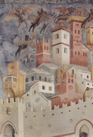 Fresco cycle on the life of St. Francis of Assisi, scene: The expulsion of the devils from Arezzo, detail: devils over the city landscape, Giotto, 1296-1298