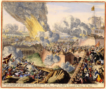 In the interests of the Ecclesiastical and Secular in Vienna, in the ruining and burning of the Turkish works and lodgings, Romeyn de Hooghe, 1683