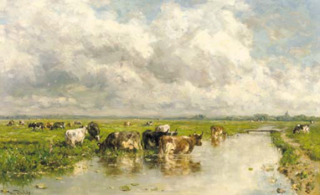 Pasture with cattle: Cows on a riverbank, Willem Roelofs