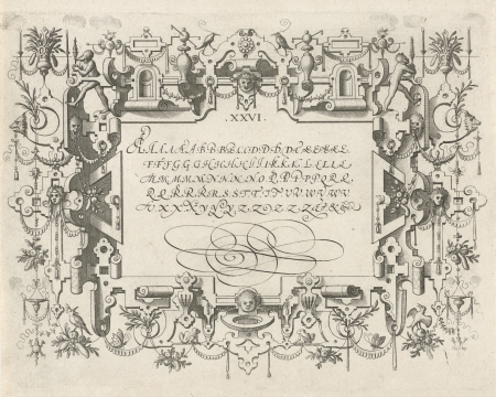 Cartouche met aan beide zijde een mascaron Exercitatio alphabetica nova et utilissim (serietitel), RP-P-1989-76, Hans Vredeman de Vries, 1569