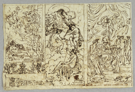 Drawing, Mythological or Biblical Scene; Juno and Jove Enthroned with Three Fates; Three Graces with Apollo and Minerva; Sculptural Relief and Obelisk, Felice Giani