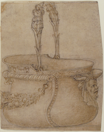 Design for a Bucket-Like Vessel with a Handle of Two Interlaced Captives, on a Body Adorned with a Scroll, Garland, and a Spout with a Satyr's Head., Girolamo Genga, 1540–50