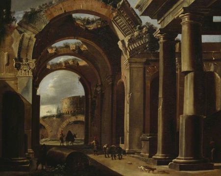 Michelangelo Cerquozzi (possibly) and Viviano Codazzi - Classical Ruins with the Colosseum in the Background, Michelangelo Cerquozzi, circa 1655