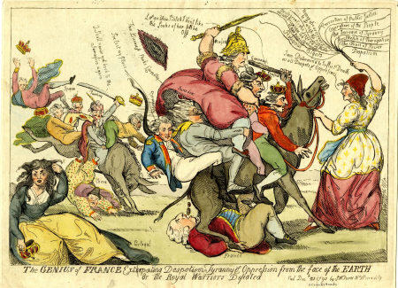The genius of France extirpating despotism tyranny & oppression from the face of the earth or the royal worriors defeated, Isaac Cruikshank, 1792