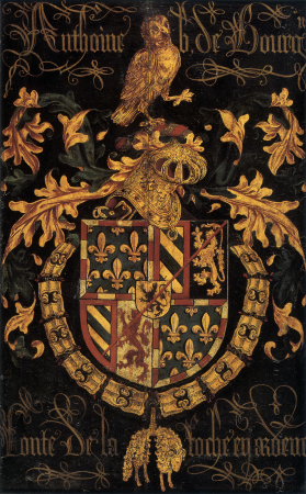 Shield of Antoine Bastard of Burgundy (1421-1504) in his capacity as knight of the Order of the Golden Fleece. Coat-of-arms of Anthony of Burgundy as Knight of the Order of the Golden Fleece., Pierre Coustain, 1478
