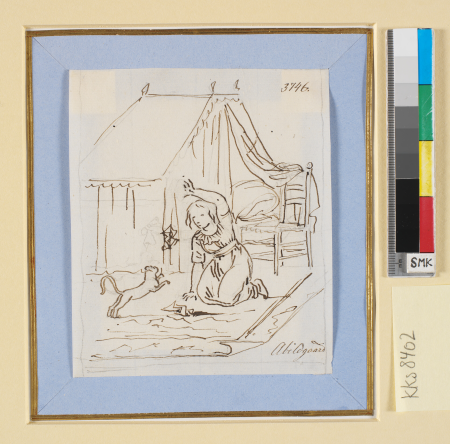 A child plays with a cat in front of a four-poster bed, Nicolai Abildgaard