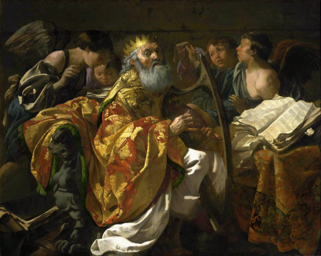 King David playing the harp, surrounded by four angels, Hendrick ter Brugghen, 1628