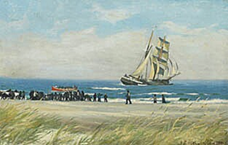 A foundered ship after the fog has cleared, Hirtshals., Viggo Helsted, 1894