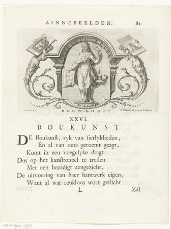 Embleem met allegorie op bouwkunst Bouw-konst (titel op object), RP-P-1909-1993