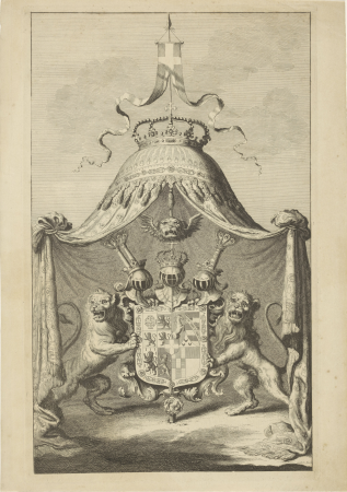 Wapenschild van Savoye geflankeerd door twee leeuwen, RP-P-2014-70-10, Jan Luyken, 1682
