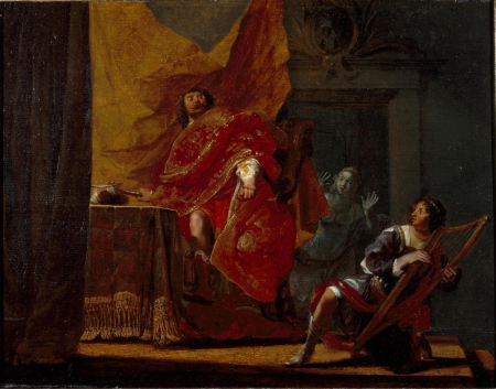 Saul casts his spear at David when the latter is playing his harp before the king (1 Samuel 18:11), Nikolaus Knüpfer, circa 1630