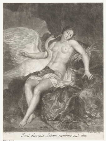 Leda en de zwaan Fecit olorinis Ledan recubare sub alis (titel op object), RP-P-1908-403, Bernard Picart, 1696