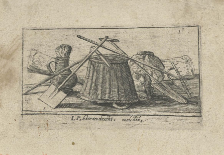Title page with tools for working the land., Esaias van de Velde, between 1610 and 1617
