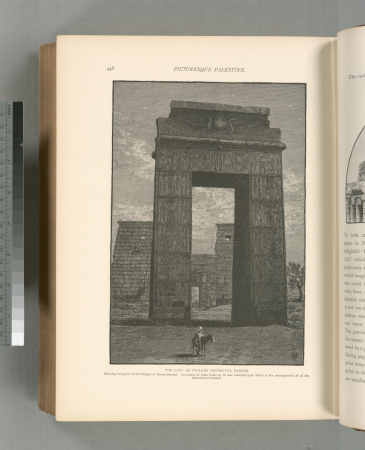 The gate of Ptolemy Euergetes, Karnak. Showing the pylon of the Temple of Khons beyond. An avenue of rams leads up to this beautiful gate, which is the most gracely of all the structures at Karnak., 1881