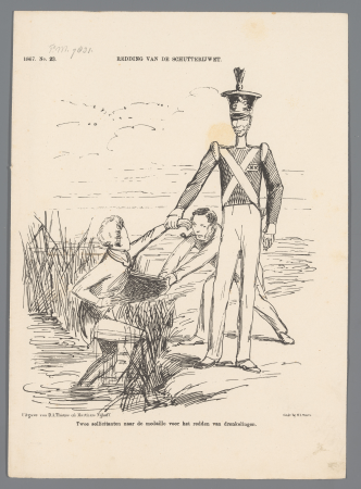Spotprent op de redding van de Schutterijwet, 1867, RP-P-OB-89.872, Johan Michaël Schmidt Crans