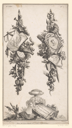 Trofeeën met schilden en attributen Diverses Concordes Diverses Fortunes (titel op object) Trofeeën (serietitel) 4e Cahier (serietitel op object), RP-P-1964-4247, Jean Charles Delafosse, between 1772 and 1779