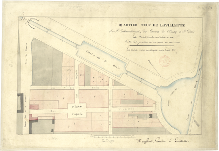 New district of La Villette on the junction of the Ourcq and St-Denis canals. Mongelard (17..-18..; surveyor)., Pierre Langlumé, 1800s