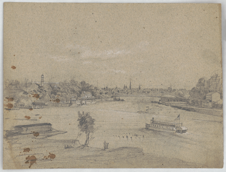 Bird's-eye view of the Fairmount Water Works from above the Schuylkill River, with a stern wheeler at lower right and a suspension bridge on right, in the distance, and Philadelphia in the LCCN2016648664, James Fuller Queen, 1856