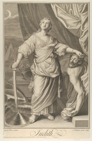 Judith standing and looking up, holding the head of Holofernes in her left hand and a sword in her right, tents in the background, after Reni, Nicolas-Gabriel Dupuis, circa 1718–61