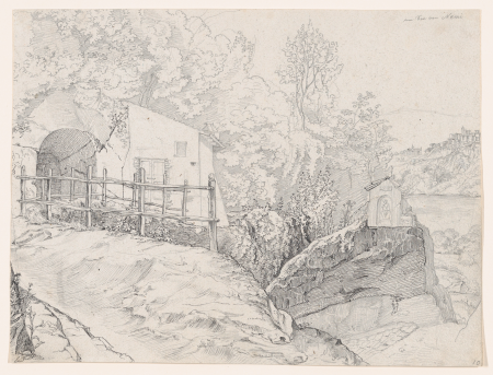 A House near a Grotto and a Roadside Chapel at Lake Nemi, with a View of Genzano from the North; verso: Sketch of Trees on the Border of a Lake, with Mountains in the Background, Johann Martin von Rohden