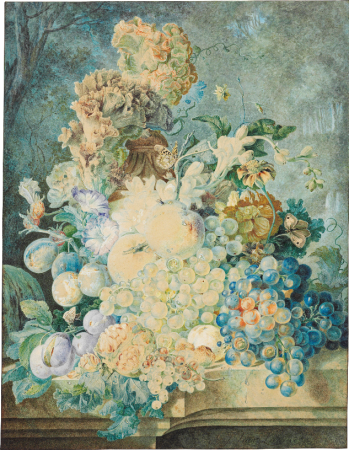 Flowers and fruit, including Hydrangeas, phlox, grapes and a plum, on a stone ledge, Gerrit Johan van Leeuwen