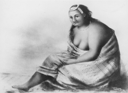 Kaahumanu, retouched image by J. J. Williams with charcoal work by J. Ewing after Louis Choris (PP-96-6-004)