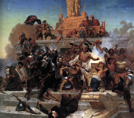 Storming of the Teocalli by Cortez and His Troops. Cortez with stout armored band fights his way back into Tenochtitlan, Emanuel Leutze, 1848