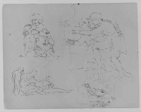 Child with Dog; Two Figures in Encounter; Two Figures and Child Attending to Dying Male [?]; Figure on Deathbed (from Sketchbook), Thomas Sully, 1810–20