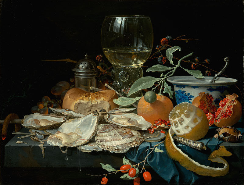 Still Life with a Goblet of Wine, Fruit and Oysters, Abraham Mignon, circa 1670