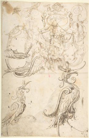 Various Grotesque Figure Studies and a Strapwork Cartouche (recto); Grotesque with Two Figures and Mask; and A Kneeling Cleric (verso), Andrés de Melgar, circa 1545–60