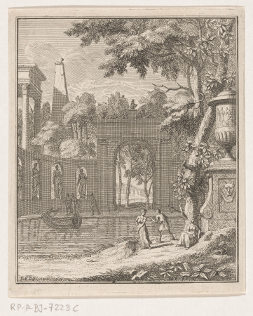Arcadisch landschap met herders bij een beeldencolonnade, RP-P-BI-7223C, between 1713 and 1775