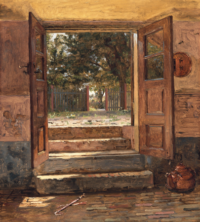 Steps Leading Down to a Kitchen. The view from the kitchen in the basement of the artist's home on Blegdammen towards Dosseringen, Jens Peter Møller, Circa 1845