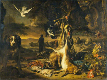 Hares and Pheasant at a Fountain with a Dog, Jan Weenix, 1699