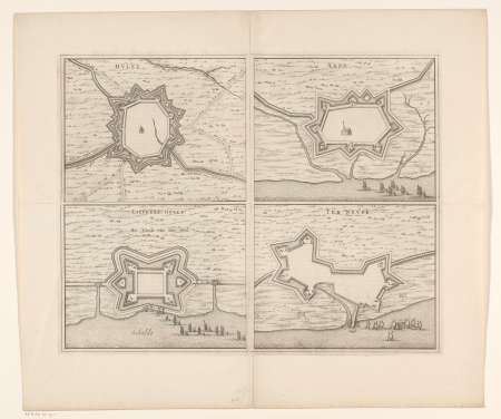Vestingplattegrond van Hulst, Liefkenshoek, Axel en Terneuzen Hulst Liefkens-Hoeck Axel Ter Neuse (titel op object), RP-P-AO-16-17-1, 1652