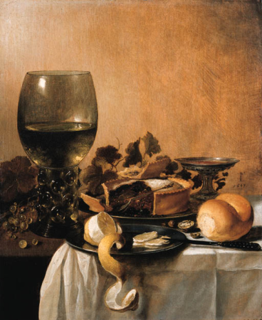 Still life with roemer, tazza, pie, lemon, pewter plates, grapes on the vine, bread and a knife, Pieter Claesz, 1647