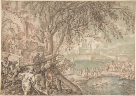 Huntsmen and Company Observing Dogs Retrieving Ducks in a Pond (The Month of April), Pieter Stevens, circa 1610–20