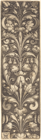 Sprig of Ornamental Foliage with Two Masks and Two Dolphins, Heinrich Aldegrever, 1530