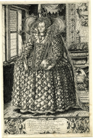Queen Elizabeth holding orb and sceptre standing in a room with a latticed window by William Rogers, William Rogers, between 1595 and 1603