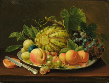 Still life with a watermelon, peaches and gooseberries on a table., Niels Peter Rasmussen, 1867