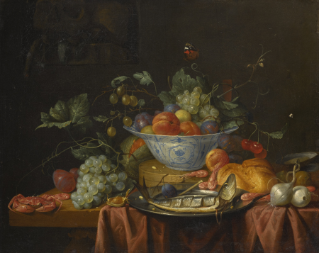Still life with fruit in a wan-li porcelain bowl, with a crab, fish and shrimps on a table, and a vanitas still life with a skull on the ledge, upper left, Joris van Son, 1650s