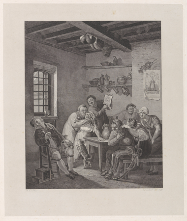 Dronken gezelschap lacht om een vrouw met snor, RP-P-OB-70.378, Peter Paul Joseph Noël, between 1804 and 1856