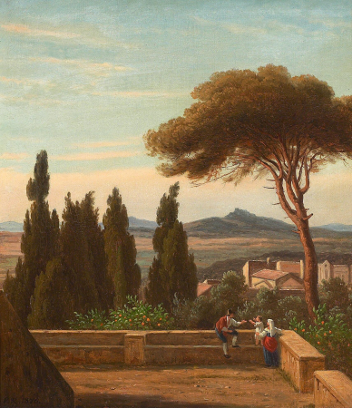 A view from Villa d'Este with pines, cypresses and a family on the terrace., Johan Peter Raadsig, 1870