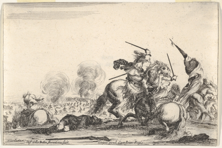 A skirmish, two horsemen battling with swords to the right, men carrying a flag running away towards the right, a dead man on the ground and a horseman seen from behind to the left, from 'Varie figure', François Langlois dit Chartres, circa 1645