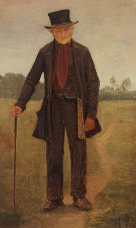 A man with high hat and stick on a country road., Hans Smidth, between 1857 and 1917