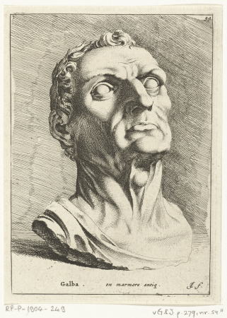 Portretbuste van keizer Servius Sulpicius Galba Galba (titel op object) Paradigmata graphices variorum artificum (serietitel), RP-P-1904-249, Jan de Bisschop, between 1666 and 1671